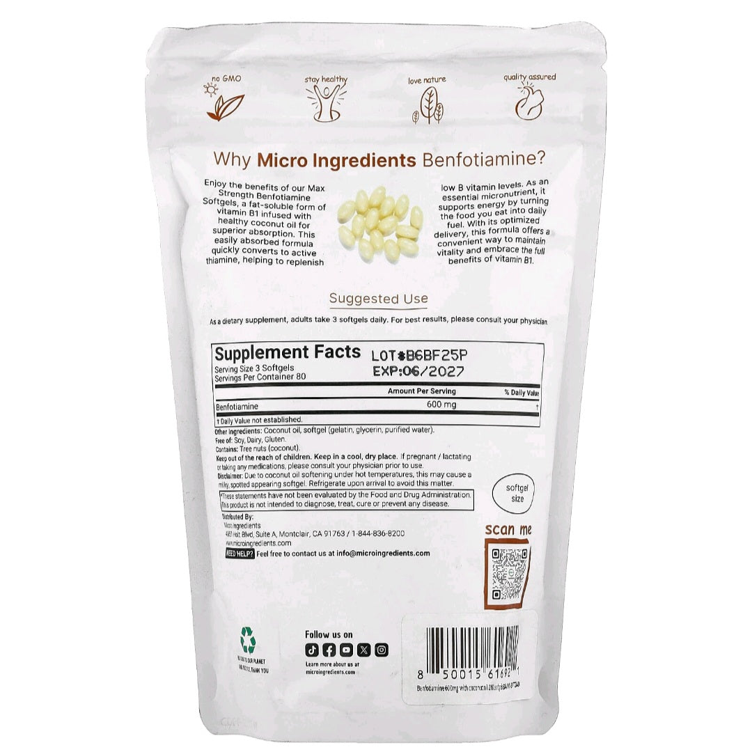 Micro Ingredients, Benfotiamine, 240 Softgels, 200 mg per softgel