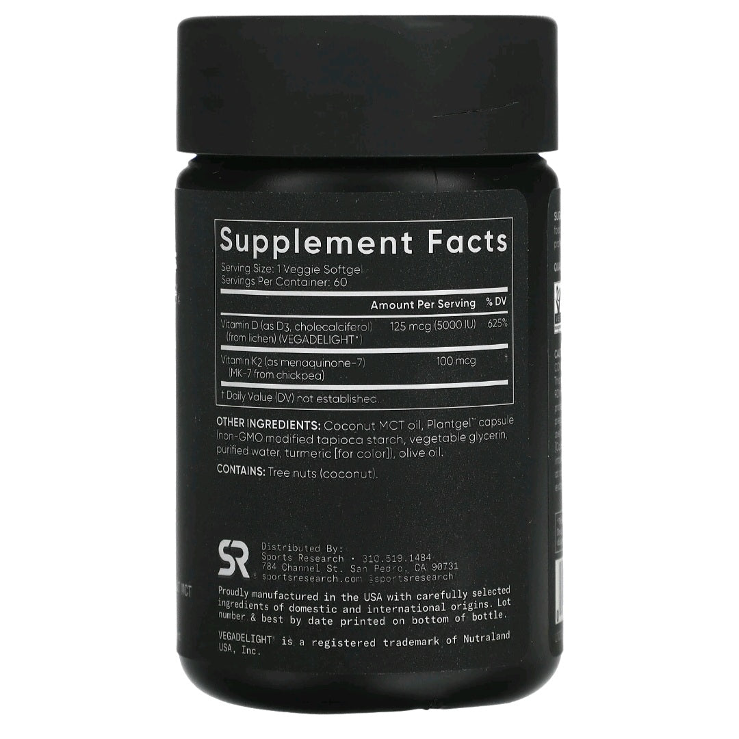 Sports Research, Vitamin D3 + K2, 5000 IU + 100 mcg, 2 months supply
