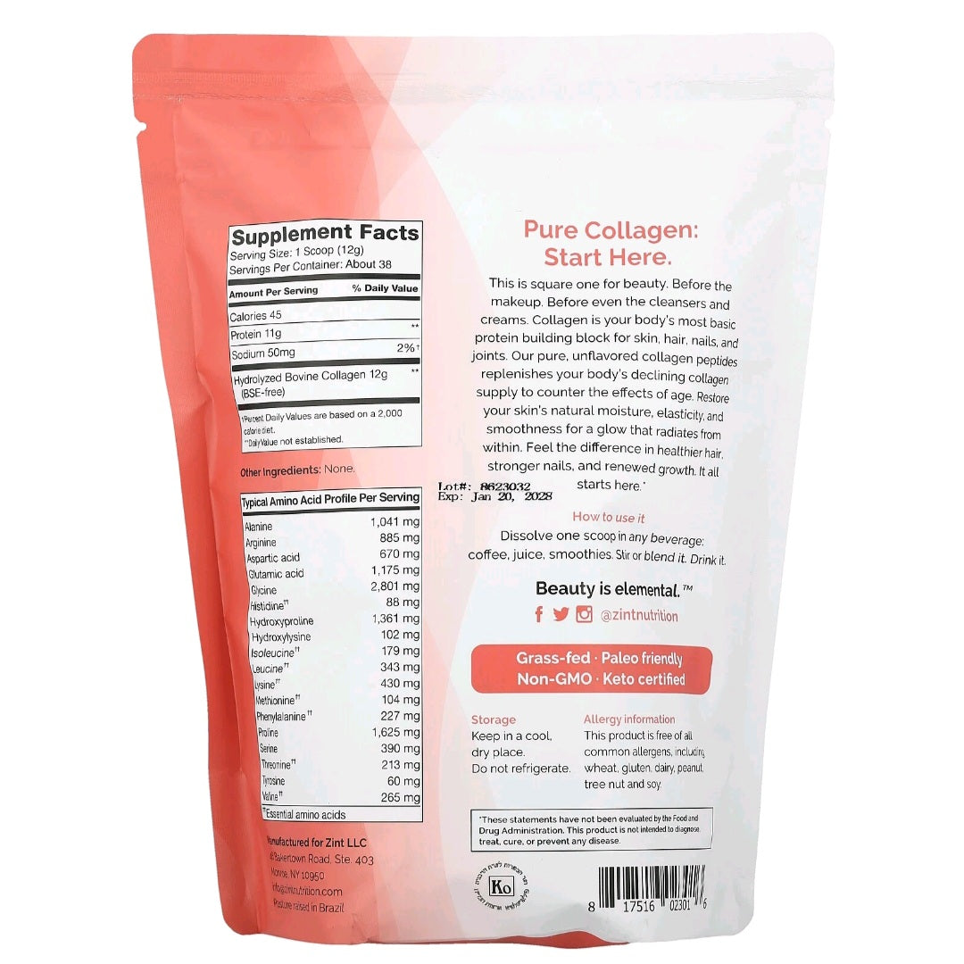 Zint, Pure Grass-Fed Collagen Peptides, Unflavored, 454 g