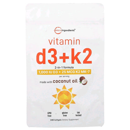 Micro Ingredients, Vitamin D3 + K2, 1000 IU 25 mcg, 240 servings