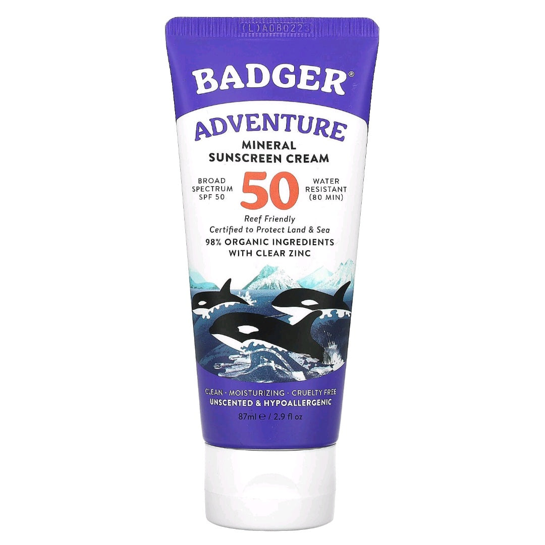 Badger, Adventure, Mineral Sunscreen Cream, SPF 50, Unscented, 87 ml