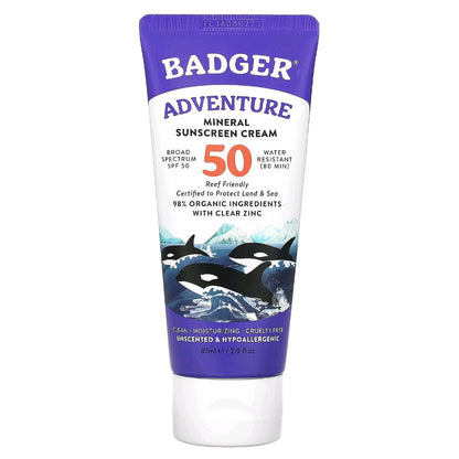 Badger, Adventure, Mineral Sunscreen Cream, SPF 50, Unscented, 87 ml