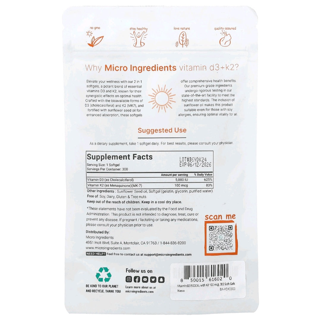 Micro Ingredients, Vitamin D3 + K2, 5000 IU 100 mcg, 300 servings