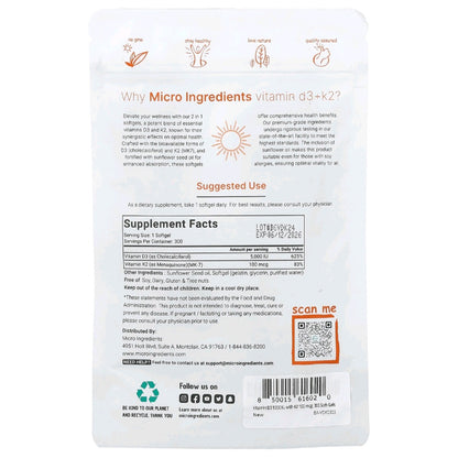 Micro Ingredients, Vitamin D3 + K2, 5000 IU 100 mcg, 300 servings