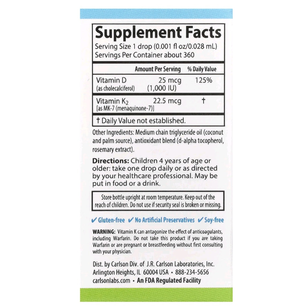 Carlson, Vitamin D3 + K2 Drops, 1000 IU, 360 servings