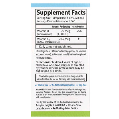 Carlson, Vitamin D3 + K2 Drops, 1000 IU, 360 servings