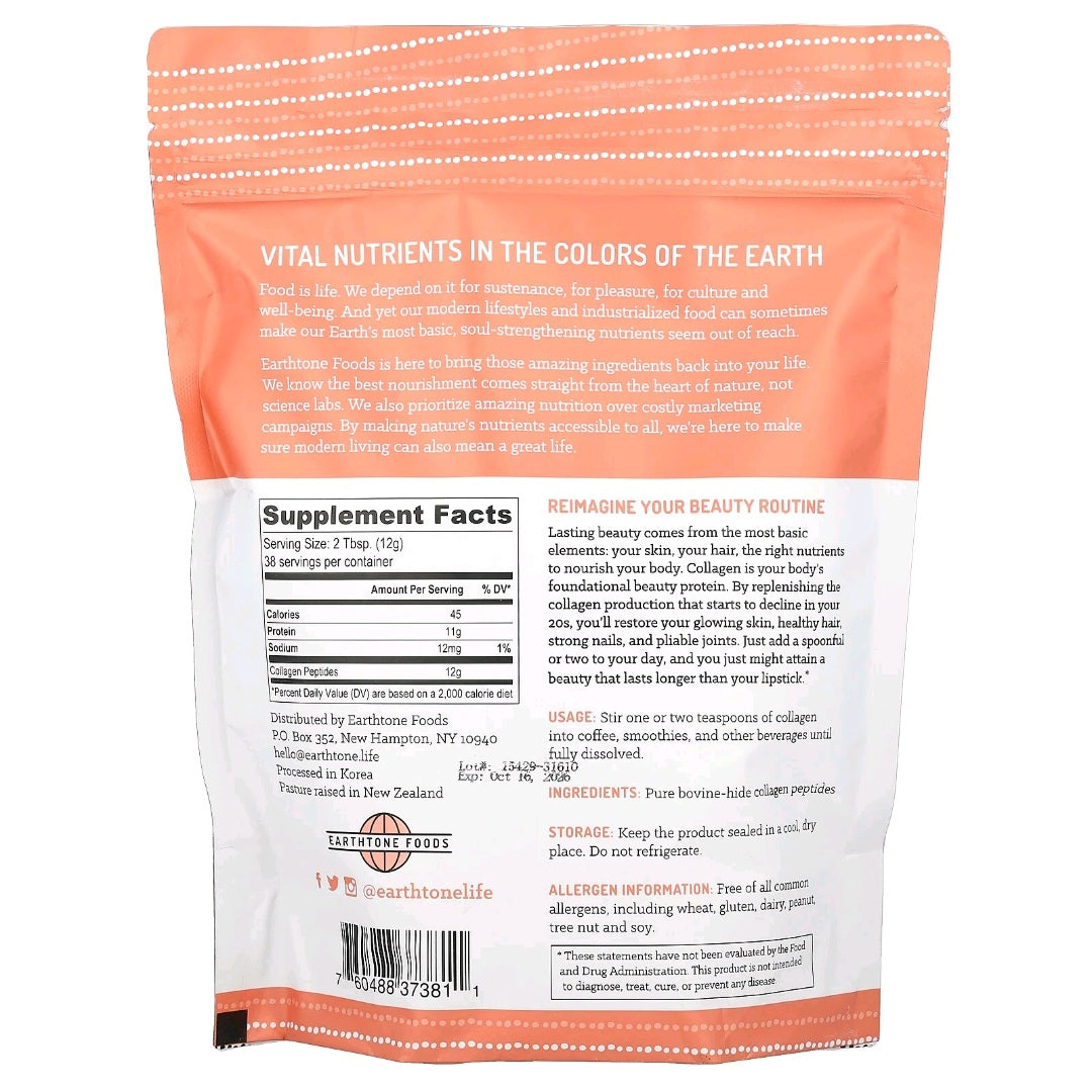 Earthtone Foods, Grass-Fed Collagen Peptides, 454 g