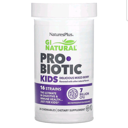 NaturesPlus, GI Natural Probiotic Kids, Delicious Mixed Berries, 7 Billion CFU, 30 Chewables