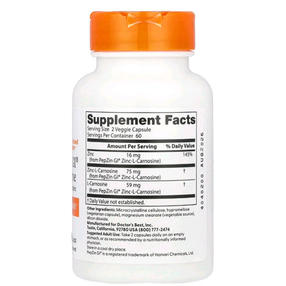 Doctor's Best, PepZin GI, Zinc L Carnosine Complex, 120 Capsules