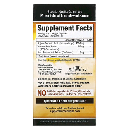 Bio Schwartz, Turmeric Curcumin with Bioperine, 1500 mg, 90 Capsules (500 mg per Capsule)