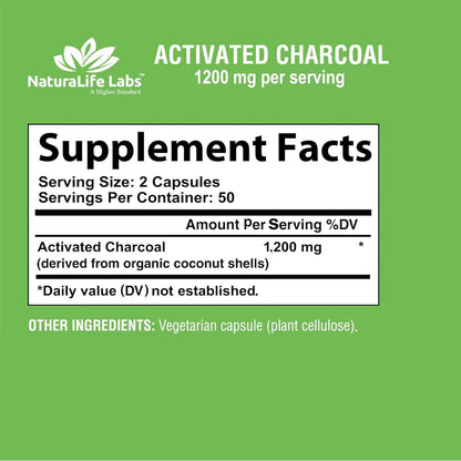 NaturaLife Labs, Activated Charcoal, 600 mg per Capsule, 100 Capsules