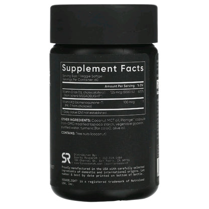 Sports Research, Vitamin D3 + K2, 5000 IU + 100 mcg, 2 months supply