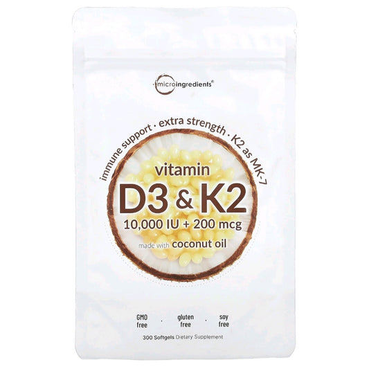 Micro Ingredients, Vitamin D3 + K2, 10,000 IU 200 mcg, 300 servings
