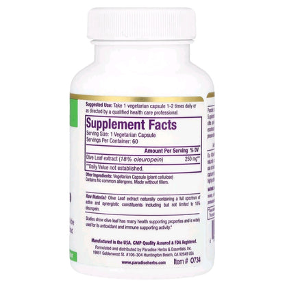 Paradise Herbs, Olive Leaf Extract, 250 mg, 60 Capsules