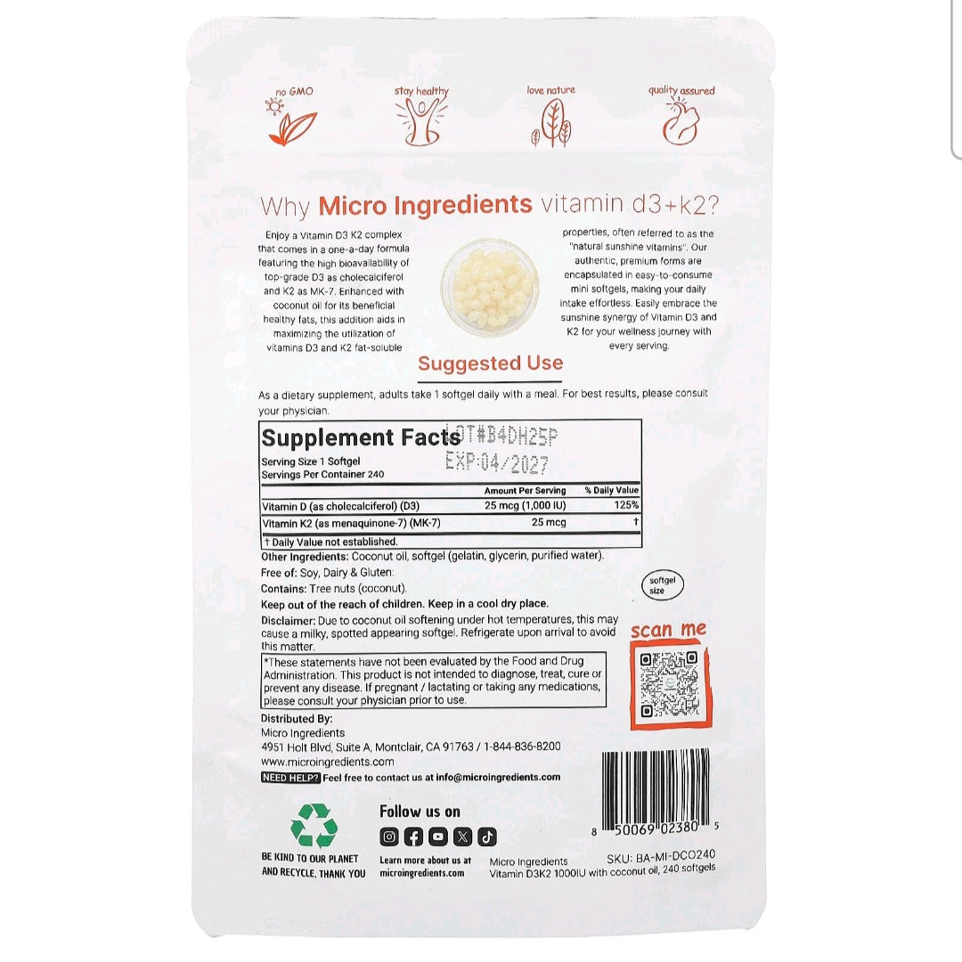 Micro Ingredients, Vitamin D3 + K2, 1000 IU 25 mcg, 240 servings