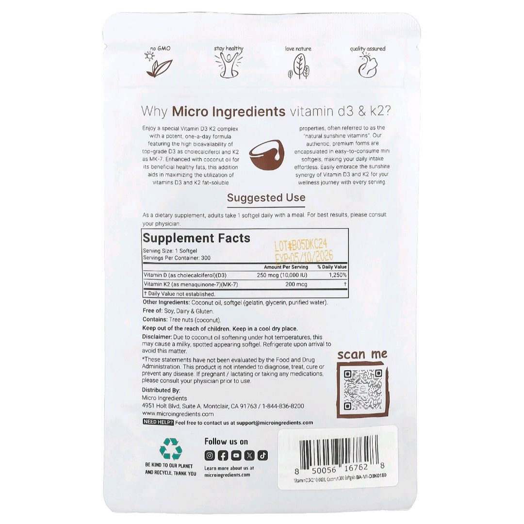 Micro Ingredients, Vitamin D3 + K2, 10,000 IU 200 mcg, 300 servings