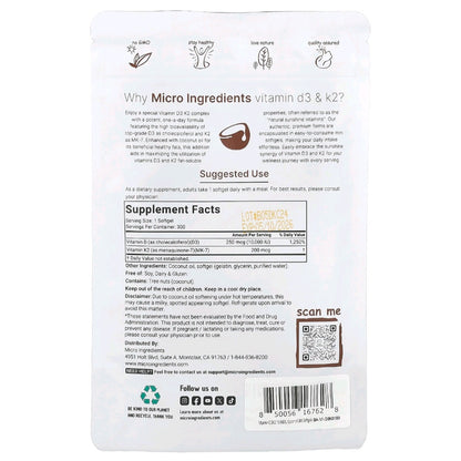Micro Ingredients, Vitamin D3 + K2, 10,000 IU 200 mcg, 300 servings