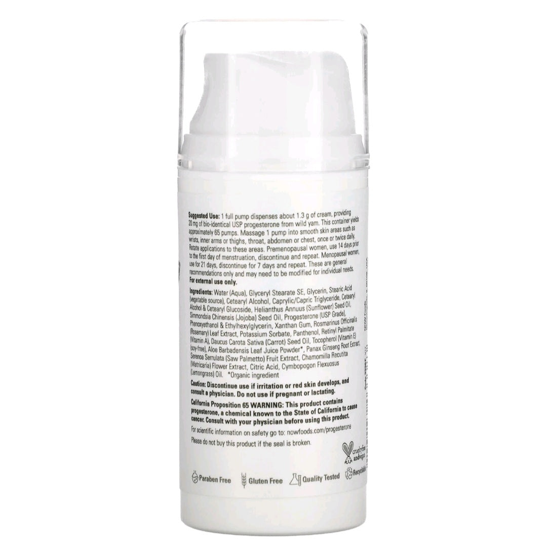 NOW Foods, Progesterone from Wild Yam, Balancing Skin Cream, Unscented, 20 mg, 85 g
