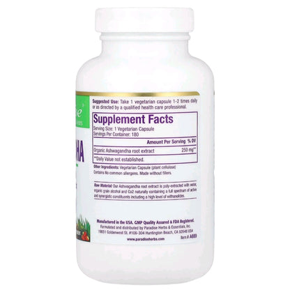Paradise Herbs, Ashwagandha, 250 mg, 180 Capsules