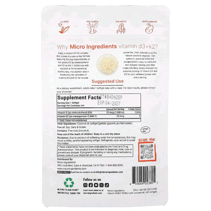 Micro ingredients, D3 K2, 1000 IU 280 softgels